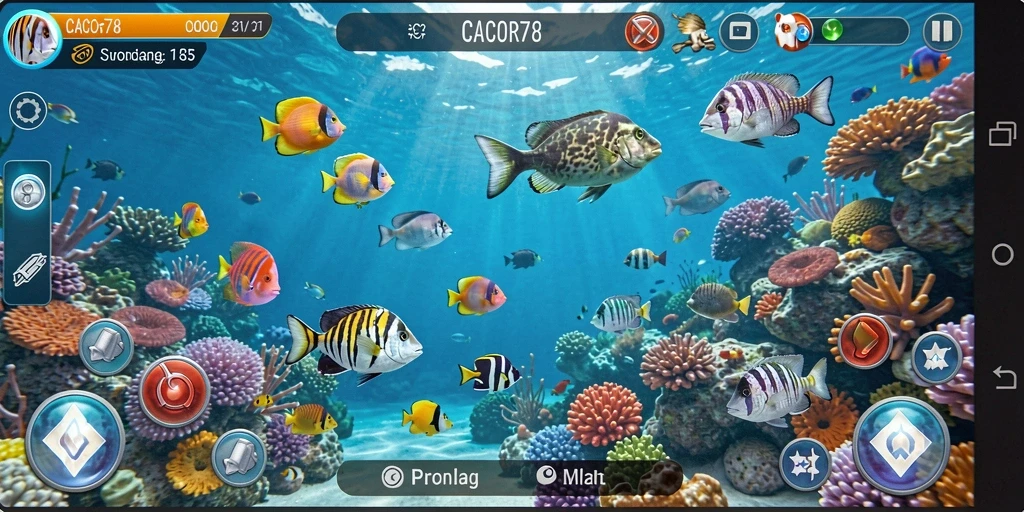 Tangkapan layar gameplay CACOR78 yang menampilkan aksi menembak ikan di bawah laut.