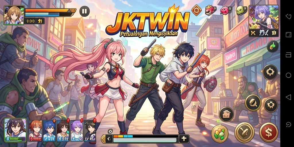 Screenshot utama JKTWIN yang menunjukkan pertarungan karakter anime.