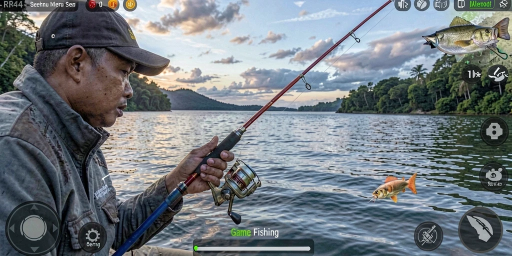 Screenshot gameplay RR44 yang menampilkan suasana memancing yang seru.