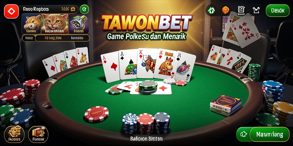 Tampilan utama gameplay TAWONBET dengan pemain yang bersaing di meja Poker.