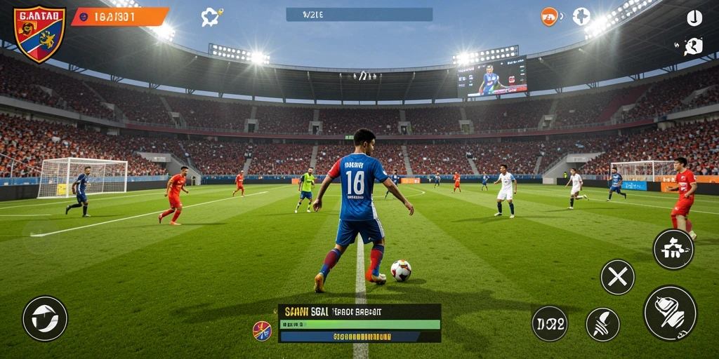 Screenshot utama V21 menampilkan aksi seru permainan sepak bola.