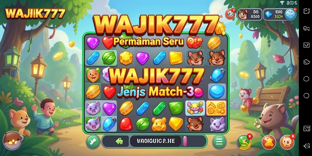 Tangkapan layar gameplay WAJIK777 dengan elemen Match-3 yang cerah dan menarik.